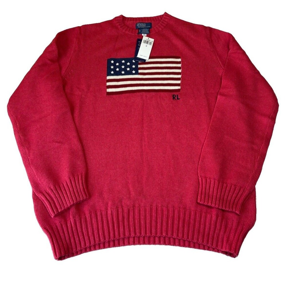 NWT Polo Ralph Lauren Iconic USA Made American Flag Topaz Red Sweater Size XL